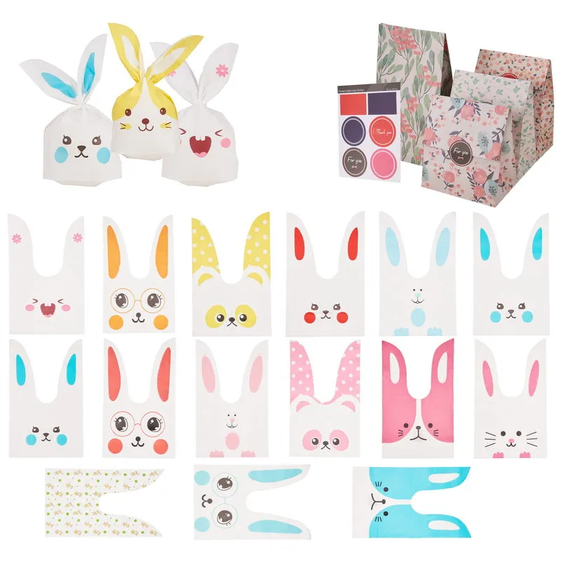 1 Set Animals Theme Plastic Bags and Flowers Floral Paper Gift Bag, Mixed Color, 23.3x13.8cm