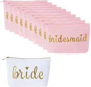 11 Piece Set - Pink Bridesmaid Canvas Makeup Bags