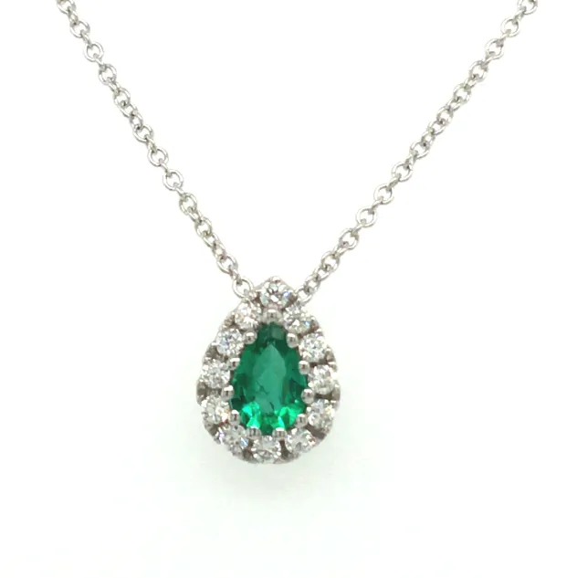 18W Pear Shaped Emerald with 12 Round Brilliant Cut Diamonds Halo on 16" Chain