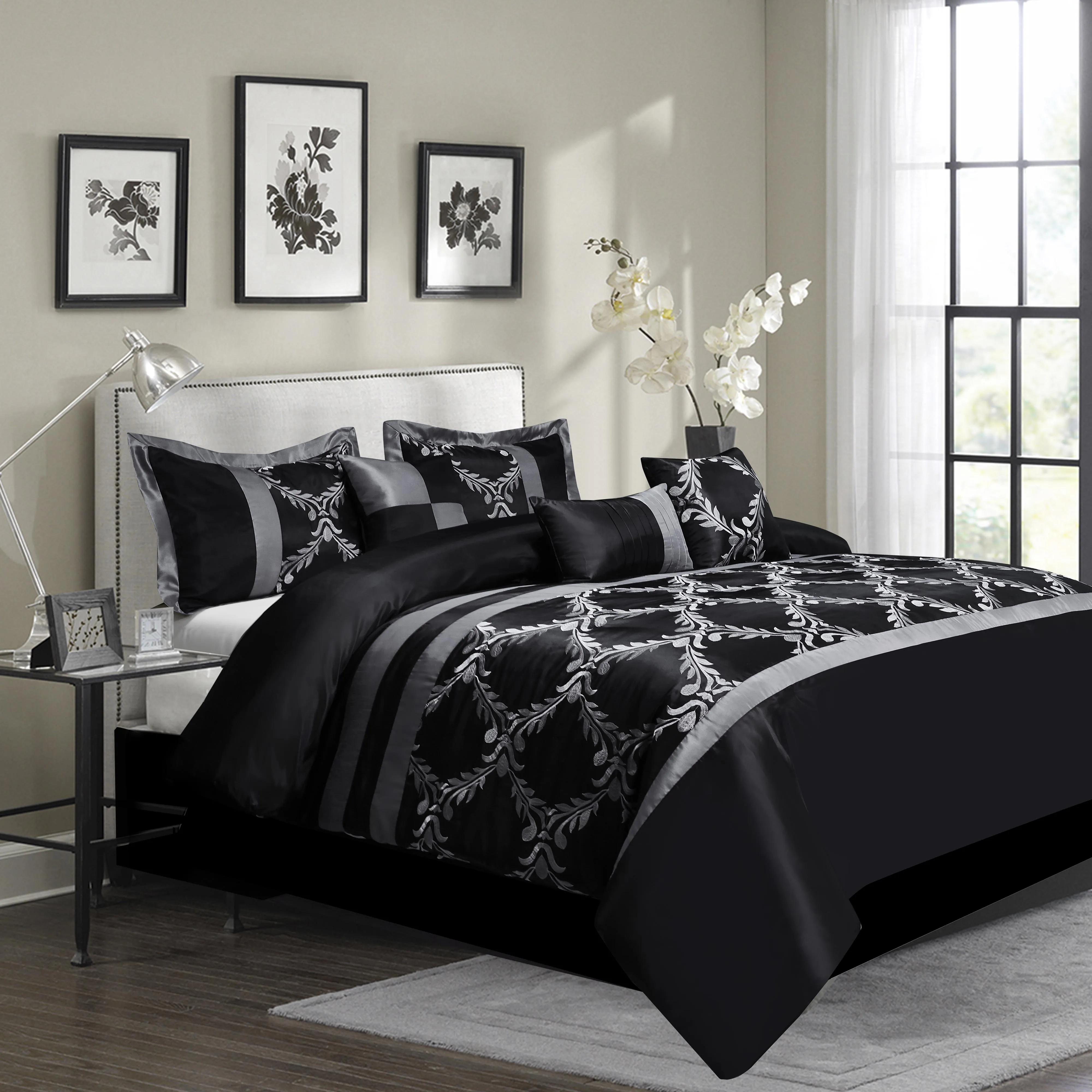 7 Piece Taffeta Fabric Embroideried Bed In A Bag  Comforter Set-Claremont