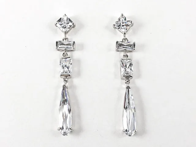 Beautiful Mix Shape Pattern CZ Long Narrow Brass Earrings