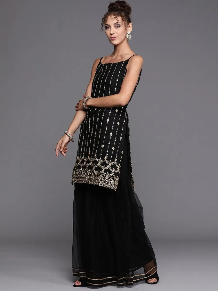 Black Gold Embroidered Kurta with Layered Sharara and Net Dupatta