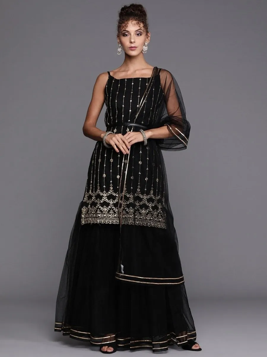 Black Gold Embroidered Kurta with Layered Sharara and Net Dupatta