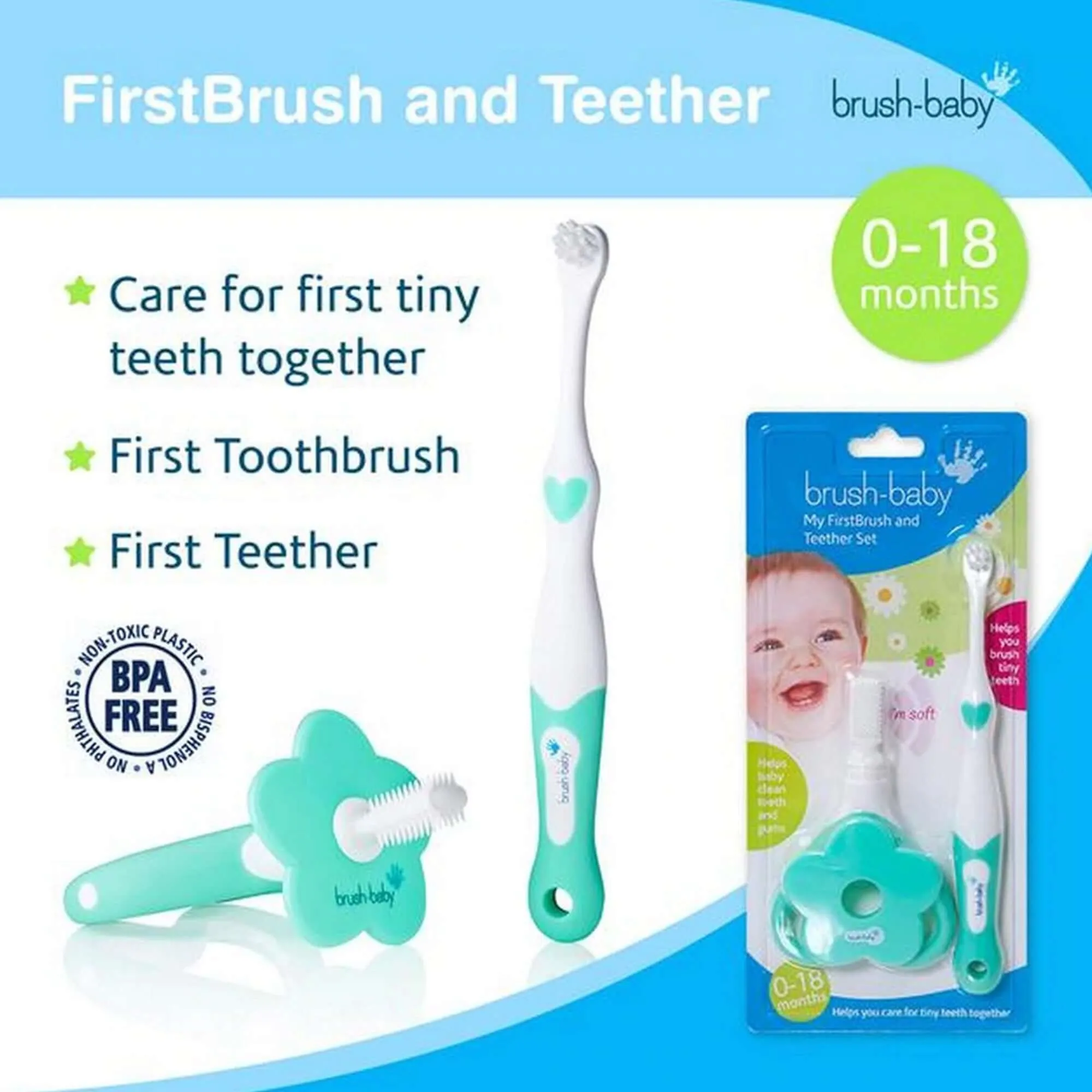 Brush Baby White & Teal My First brush & Teether Set || Birth  to 18months - Distressed