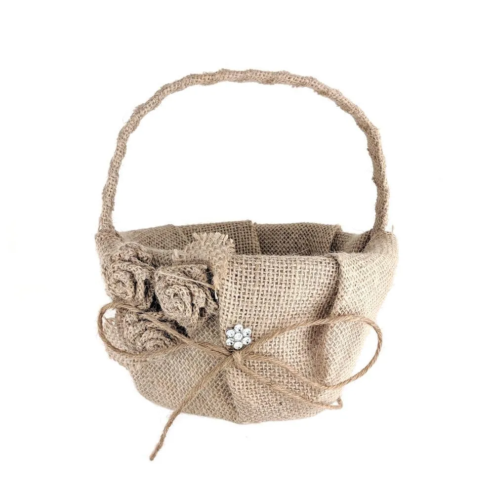 Burlap Roses and Rhinestone Flower Girl Basket, 7-1/2-Inch, Natural