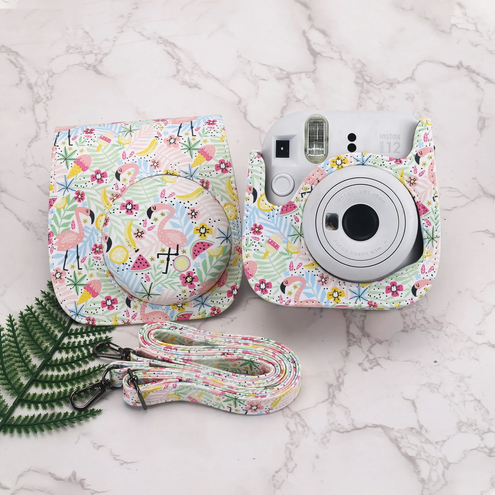 Case for Fujifilm Instax Mini 11/12 Case PU Leather Instant Camera Cover with Adjustable Strap- Flamingo Multi