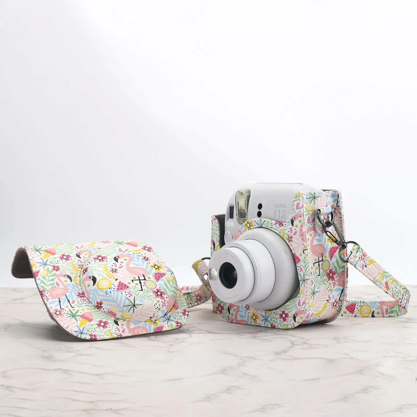 Case for Fujifilm Instax Mini 11/12 Case PU Leather Instant Camera Cover with Adjustable Strap- Flamingo Multi