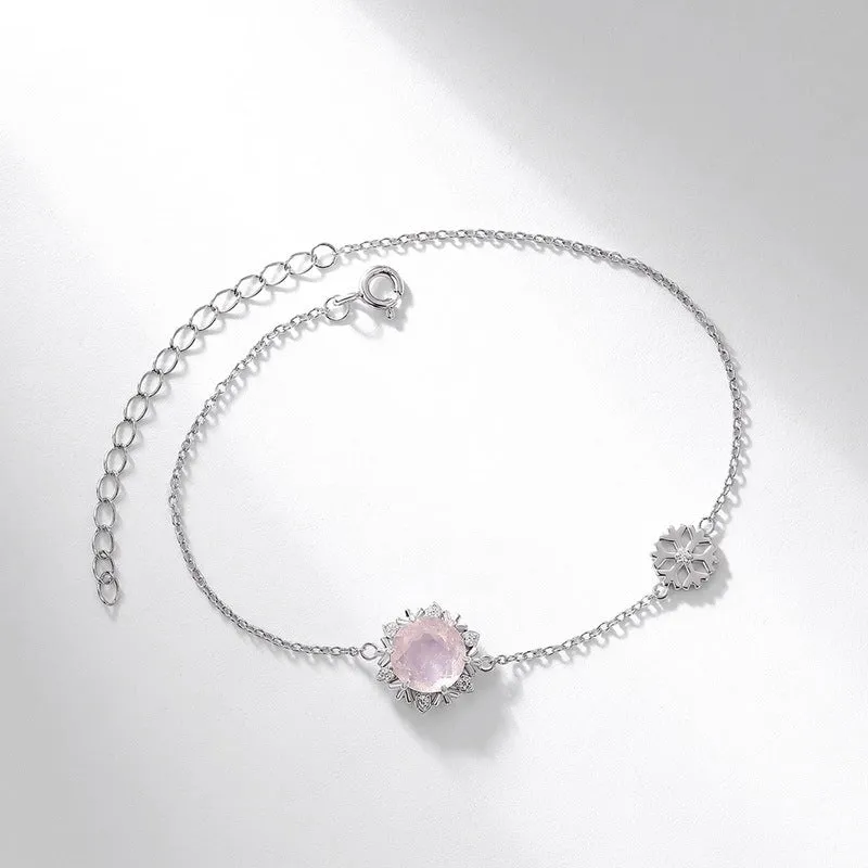 Christmas Winter Snowflake Round Pink Crystal Sterling Silver Bracelet