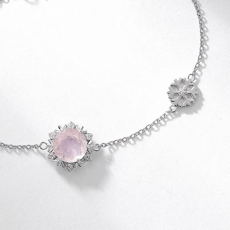 Christmas Winter Snowflake Round Pink Crystal Sterling Silver Bracelet