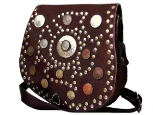 Coins Adorned Leather Bag - Boho - Brown