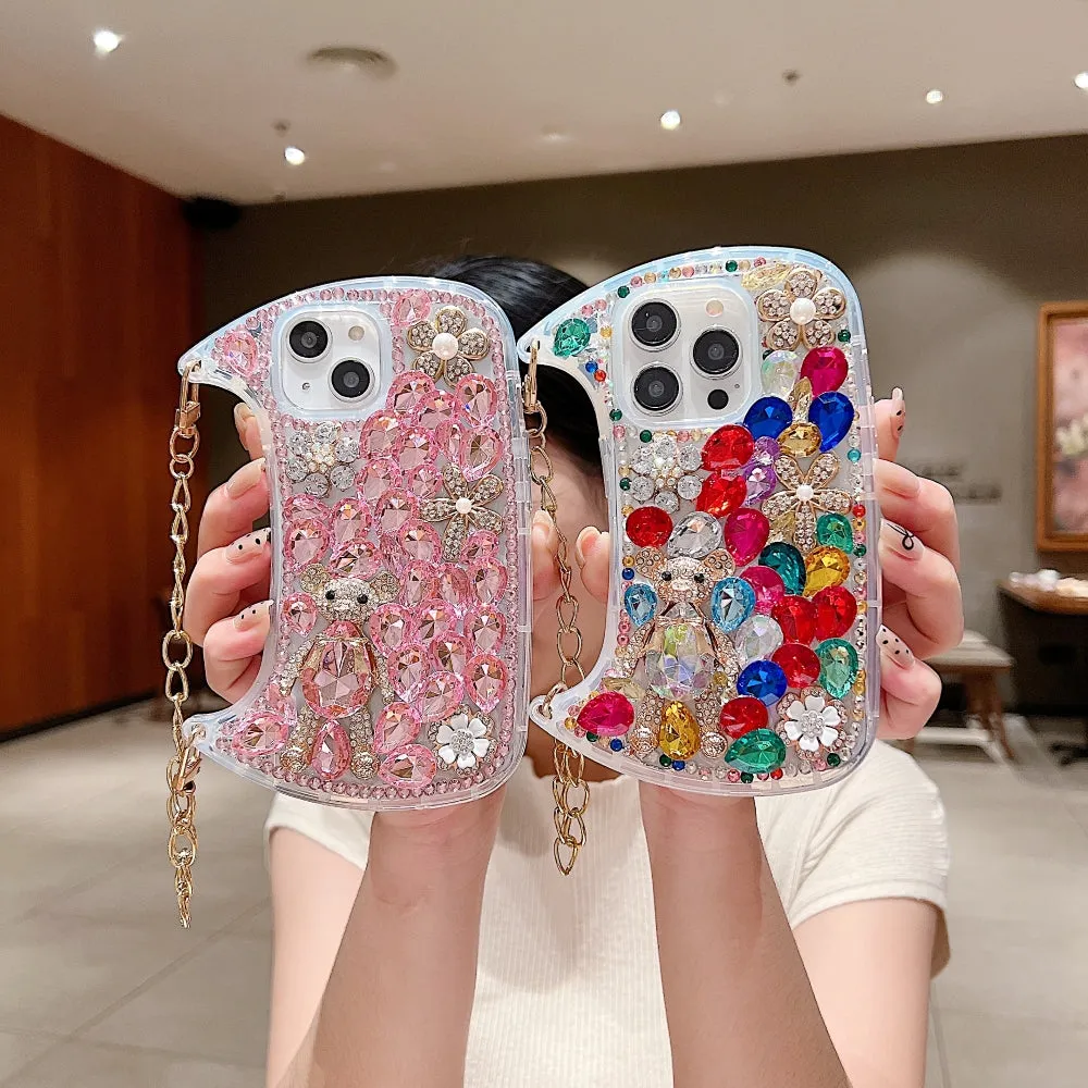 Colorful Diamond Phone Case With Metal Chain Strap - iPhone 15 Pro