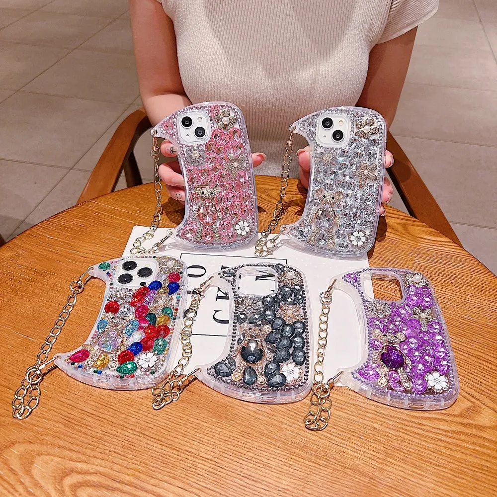 Colorful Diamond Phone Case With Metal Chain Strap - iPhone 15 Pro