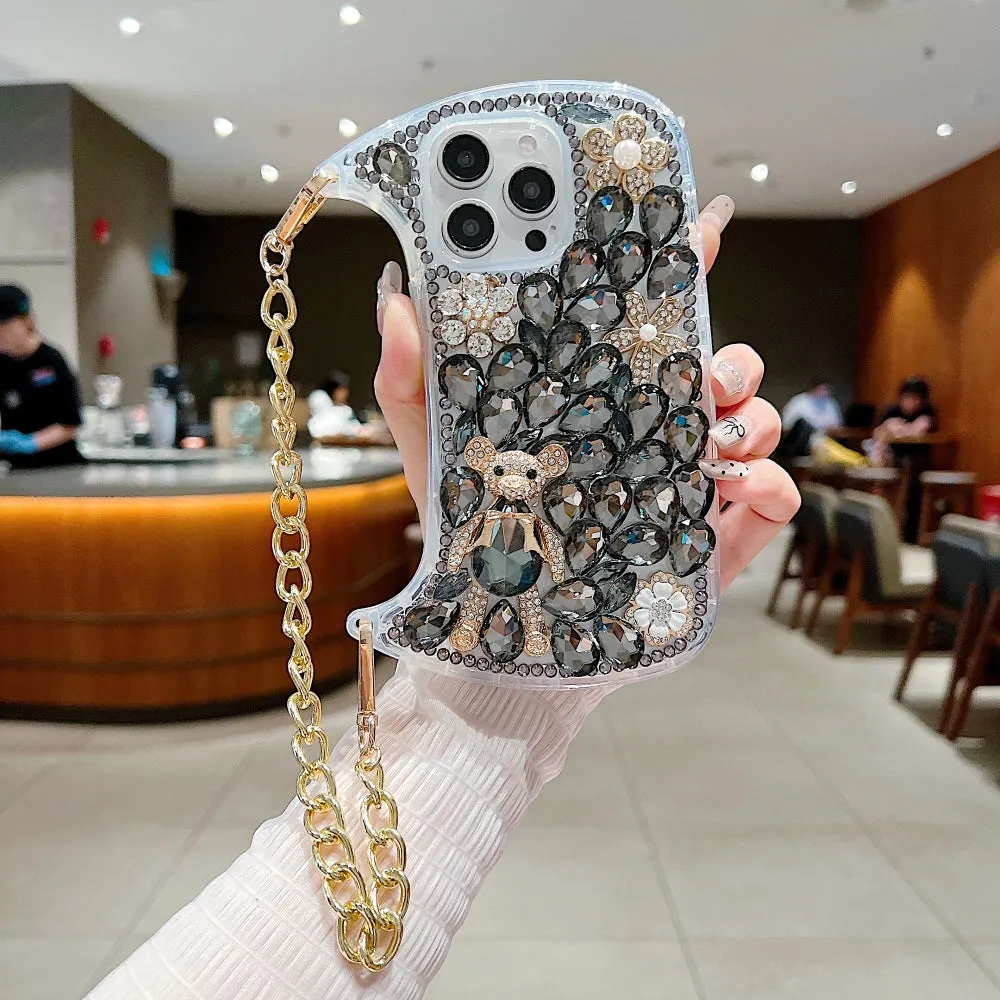 Colorful Diamond Phone Case With Metal Chain Strap - iPhone 15 Pro