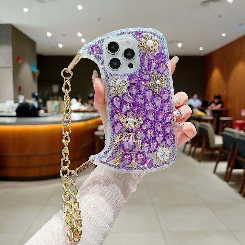 Colorful Diamond Phone Case With Metal Chain Strap - iPhone 15 Pro