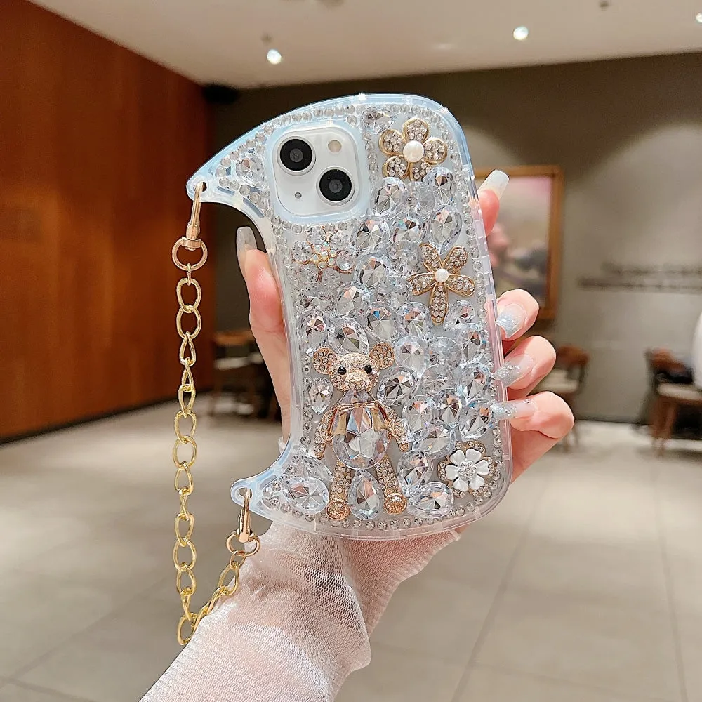 Colorful Diamond Phone Case With Metal Chain Strap - iPhone 15 Pro