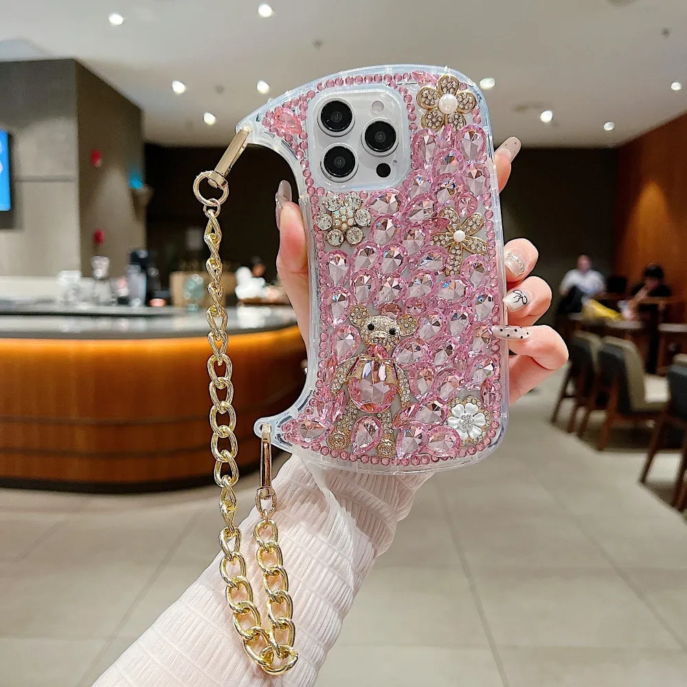 Colorful Diamond Phone Case With Metal Chain Strap - iPhone 15 Pro