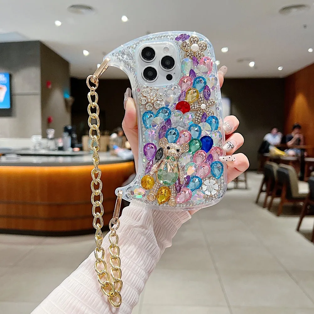 Colorful Diamond Phone Case With Metal Chain Strap - iPhone 15 Pro