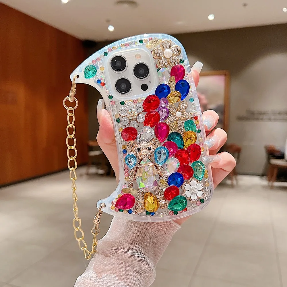 Colorful Diamond Phone Case With Metal Chain Strap - iPhone 15 Pro