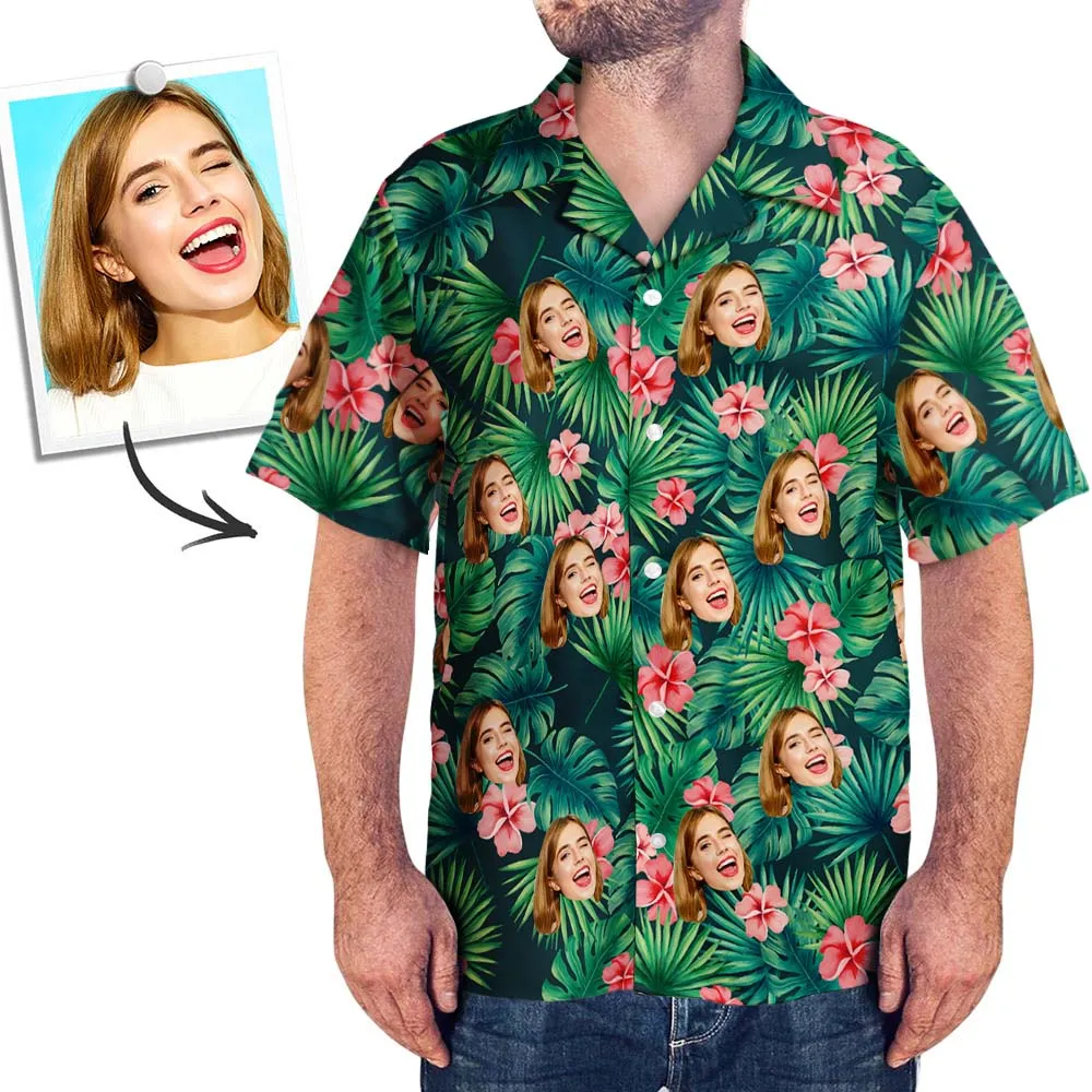 Custom Face Hawaiian Shirt Personalised Photo Gifts for Him Red Flowers