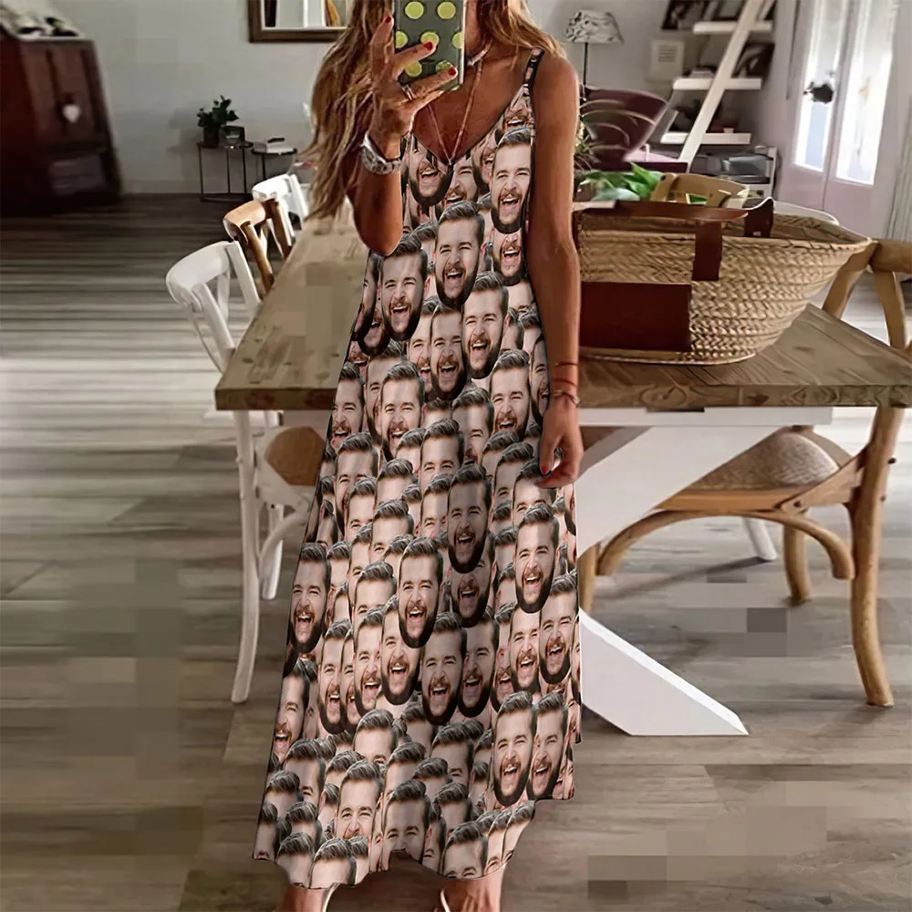 Custom Face Hawaiian Style Face Mash Long Dress And Shirt Family Matching