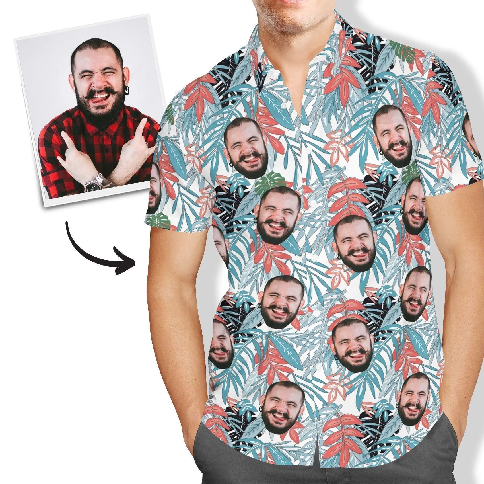 Custom Hawaiian Shirt with Face All Over Print Leaves for Men