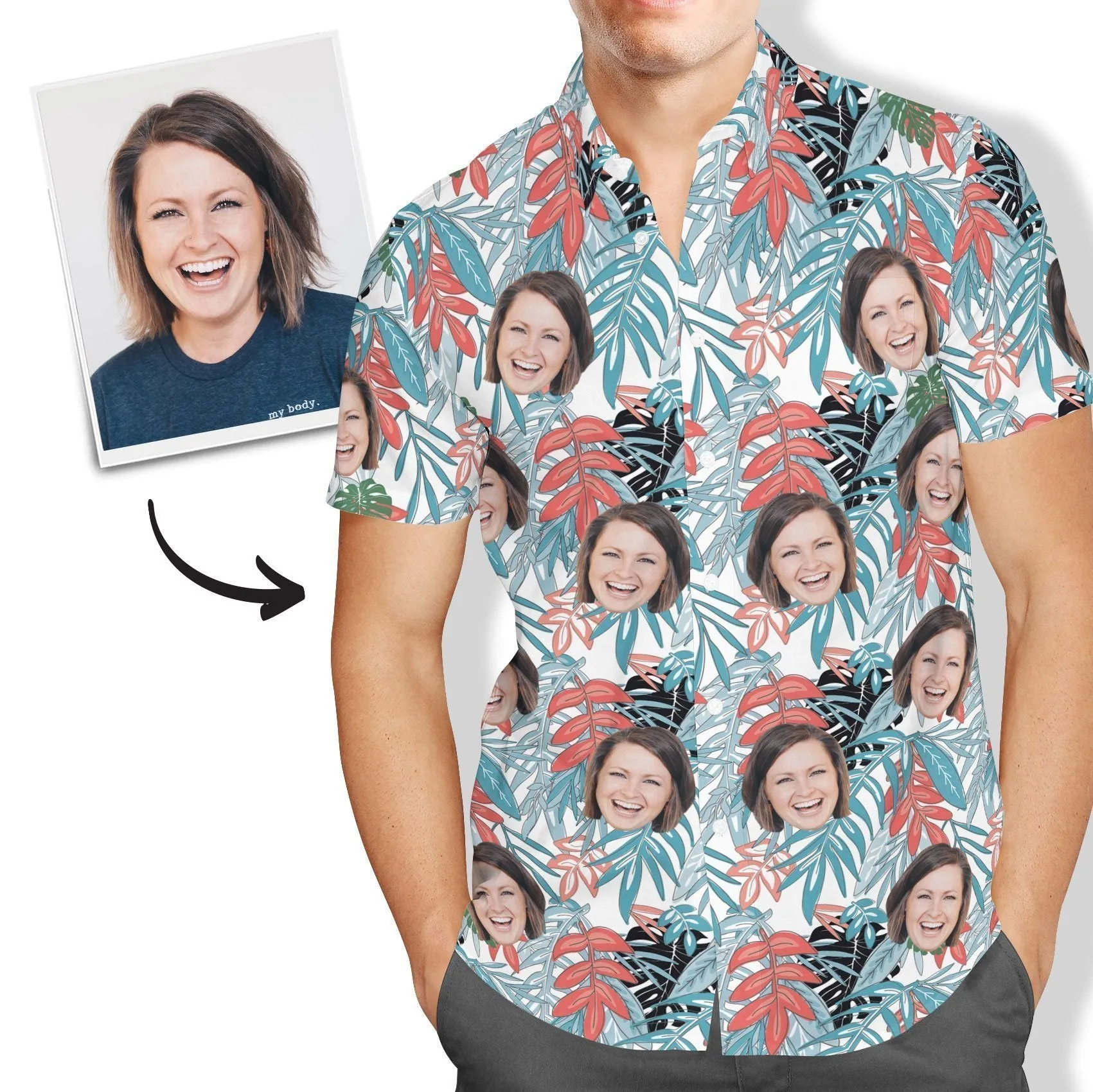 Custom Hawaiian Shirt with Face All Over Print Leaves for Men