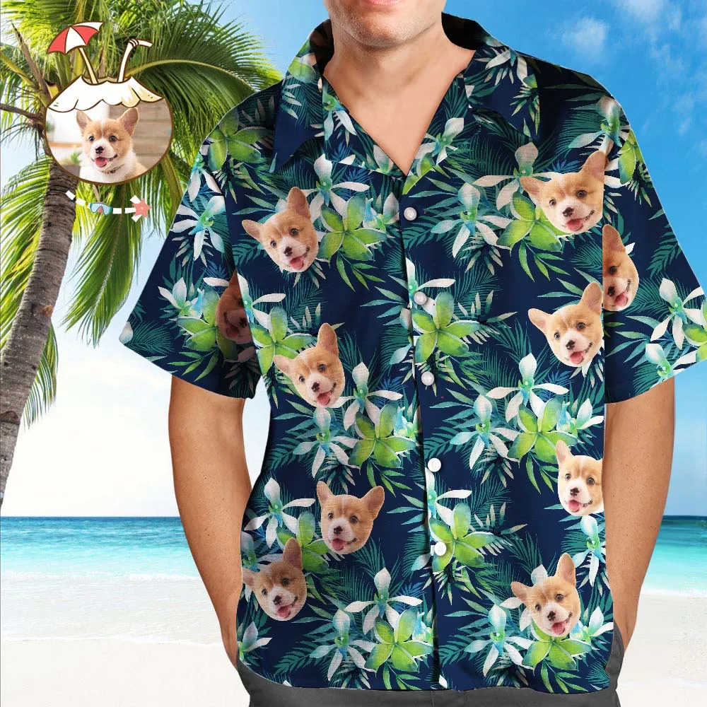 Custom Hawaiian Shirt with Face Custom Dog Face Hawaiian Shirt Leaves Tropical Shirts for Gift