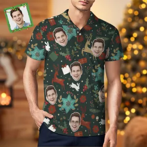 Custom Photo Short Sleeve Polo Shirt Personalised Christmas Golden Deer Pattern Golf Shirt Mens Tops