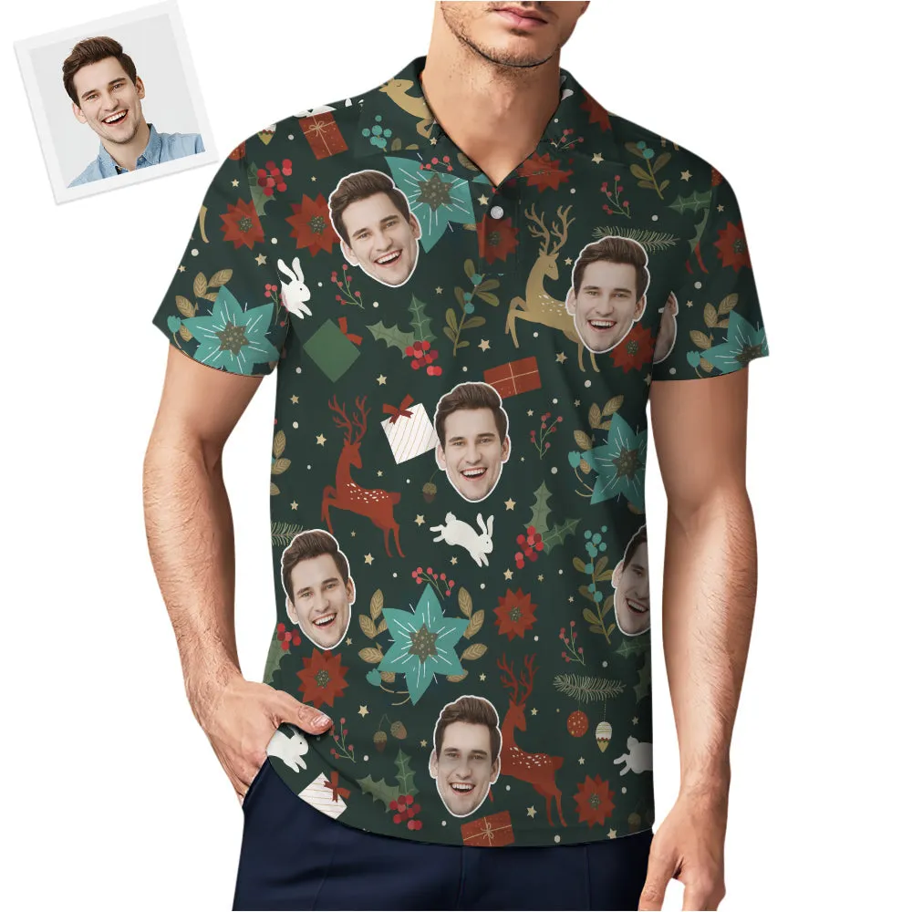 Custom Photo Short Sleeve Polo Shirt Personalised Christmas Golden Deer Pattern Golf Shirt Mens Tops