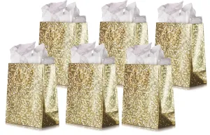 Gold Metallic Luxury Mosaic Tile Textured Print Design Gift Bag - Medium Size Bag - (7.75" x 9.88") 6 PACK for Any Celebration or Event, Anniversaries, Birthdays, Weddings, Baby Showers, Holidays