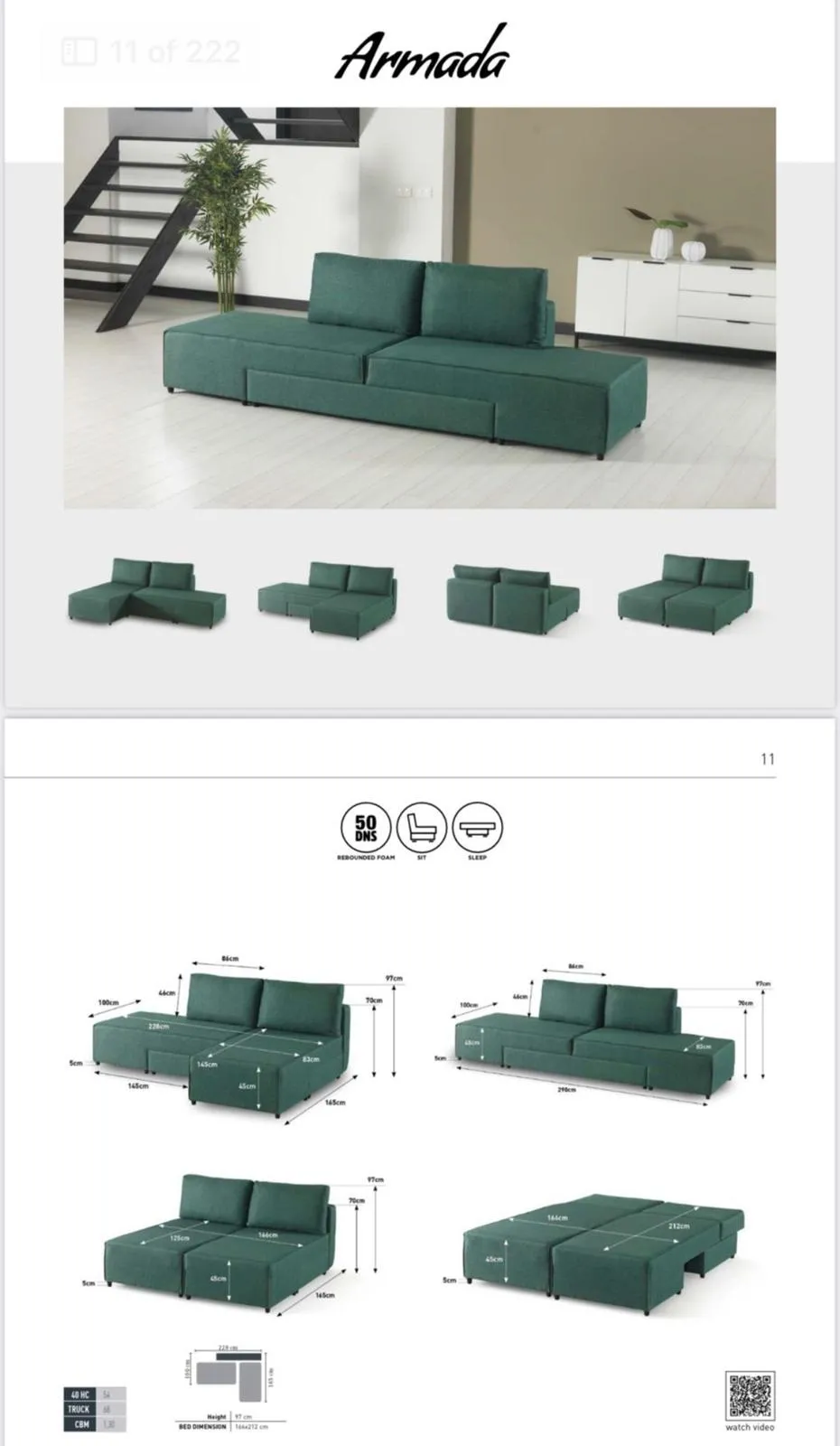 Green Sectional Sofa Bed- Turkish Made- Variety of Styles- Lays Flat Into King Bed- Model Armada