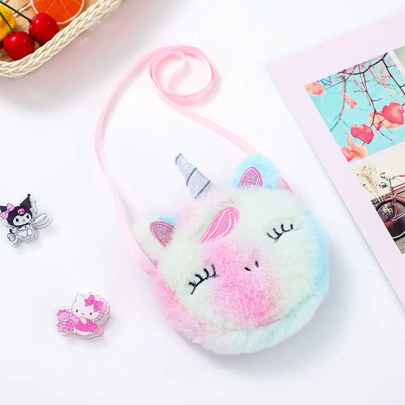 Kids Cute Coin Purse Kindergarten Girls Cartoon Plush Unicorn Round Sling Bag