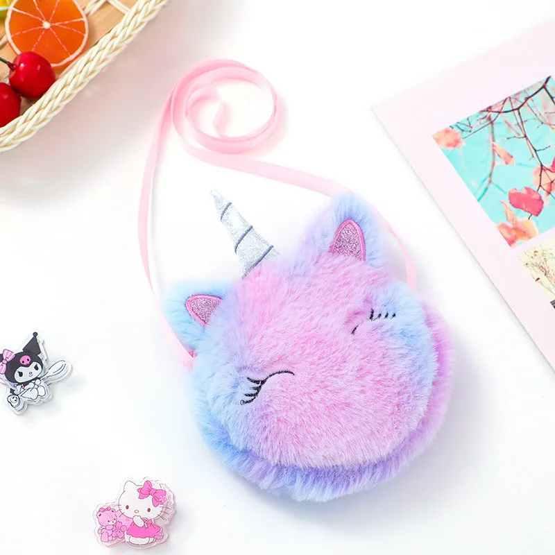 Kids Cute Coin Purse Kindergarten Girls Cartoon Plush Unicorn Round Sling Bag