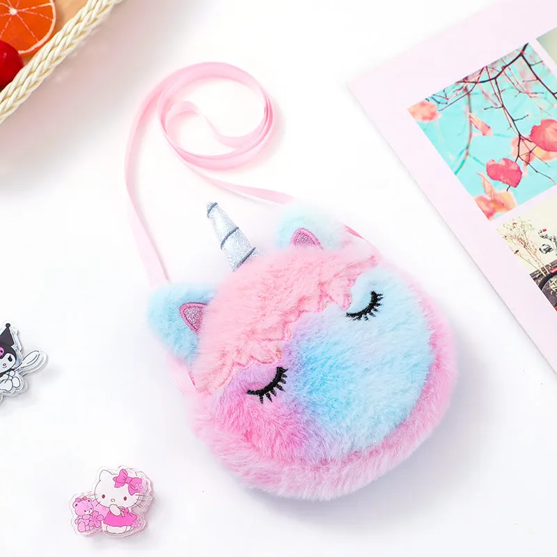 Kids Cute Coin Purse Kindergarten Girls Cartoon Plush Unicorn Round Sling Bag