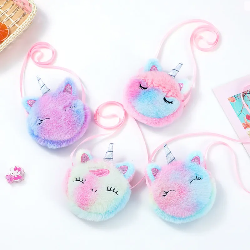 Kids Cute Coin Purse Kindergarten Girls Cartoon Plush Unicorn Round Sling Bag