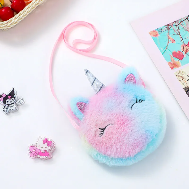 Kids Cute Coin Purse Kindergarten Girls Cartoon Plush Unicorn Round Sling Bag