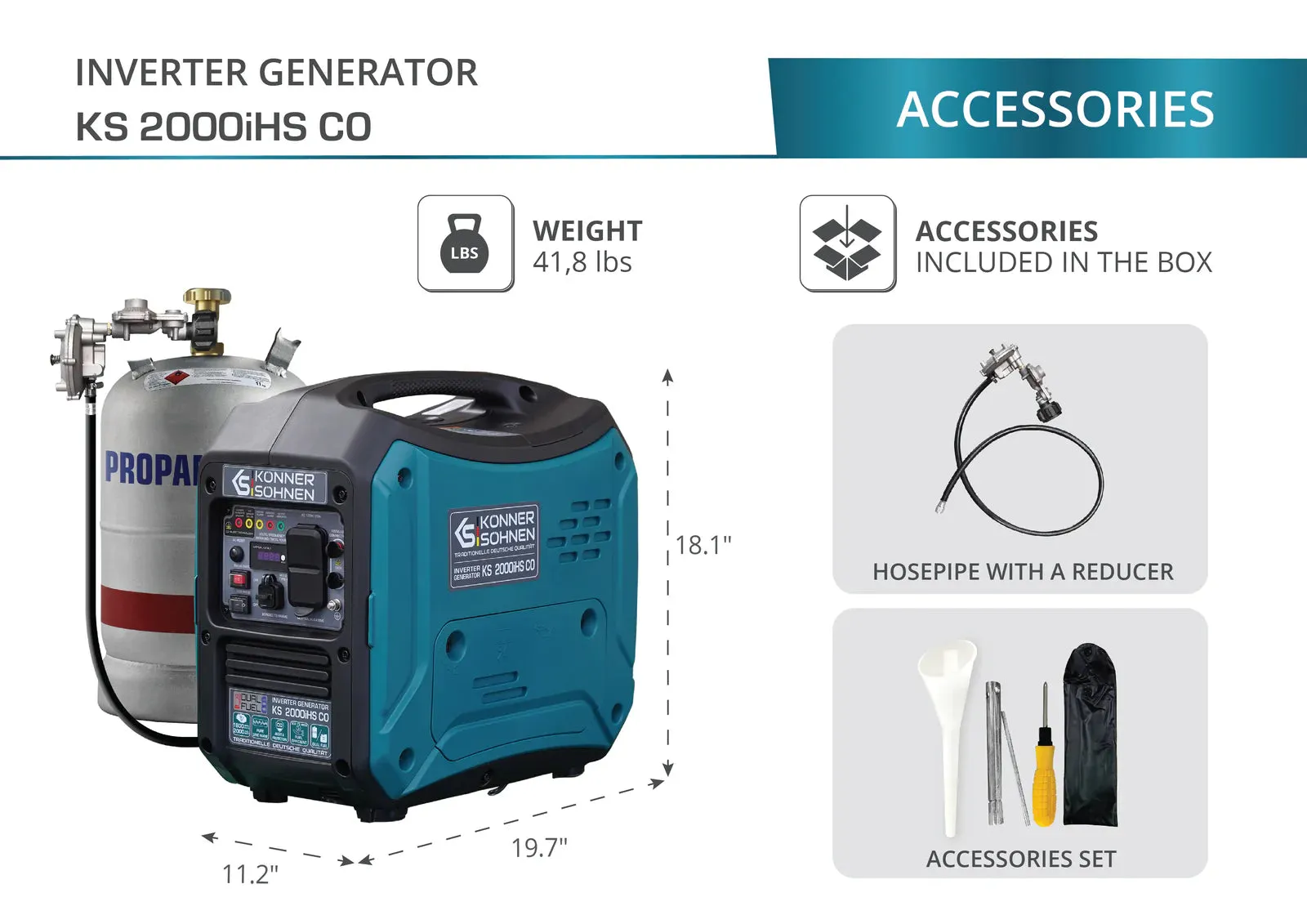 Konner Sohnen KS 2000iHS CO 1800W/2000W Generator LPG/Gasoline Inverter with CO Sensor Pure Sine Wave New