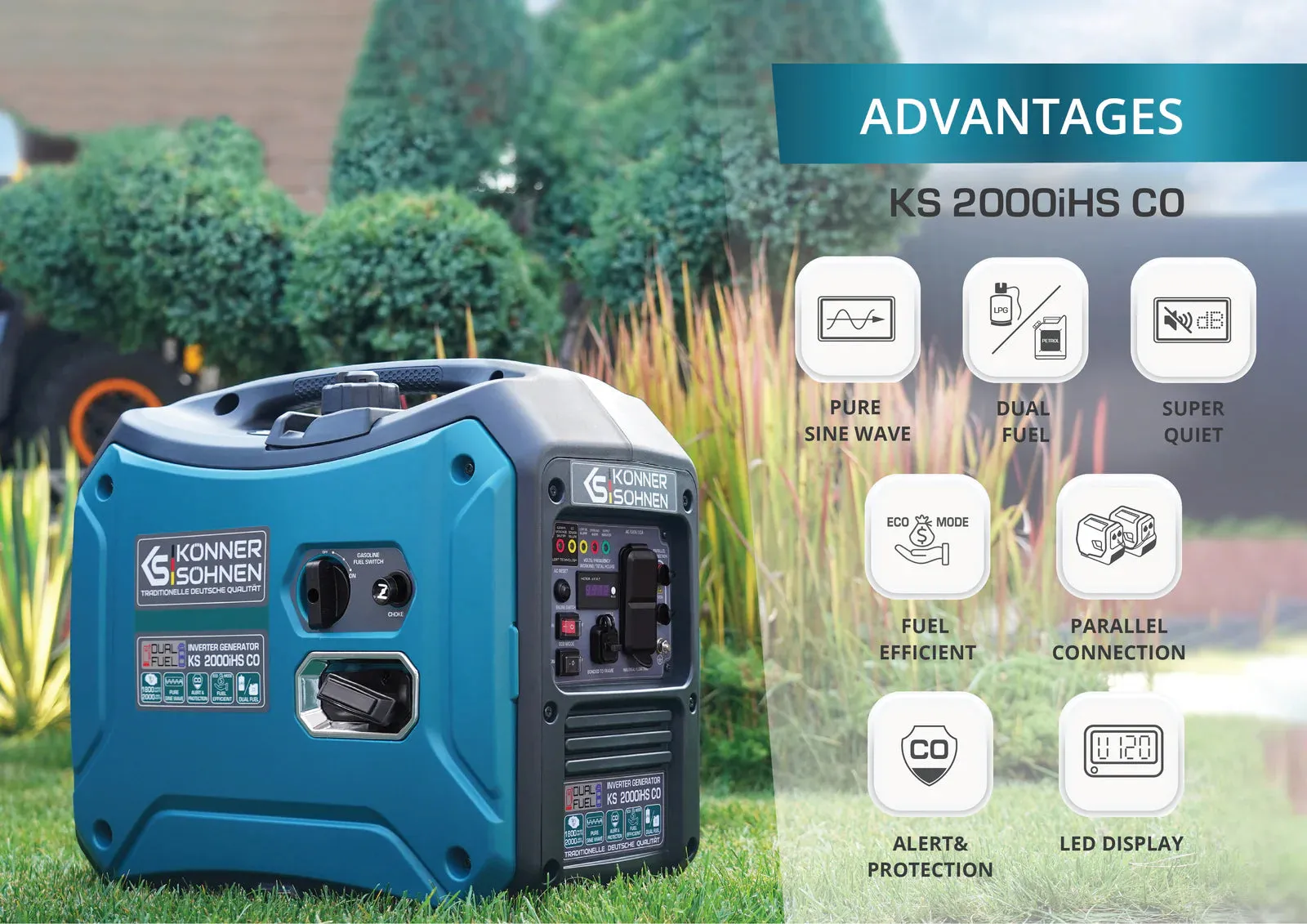 Konner Sohnen KS 2000iHS CO 1800W/2000W Generator LPG/Gasoline Inverter with CO Sensor Pure Sine Wave New