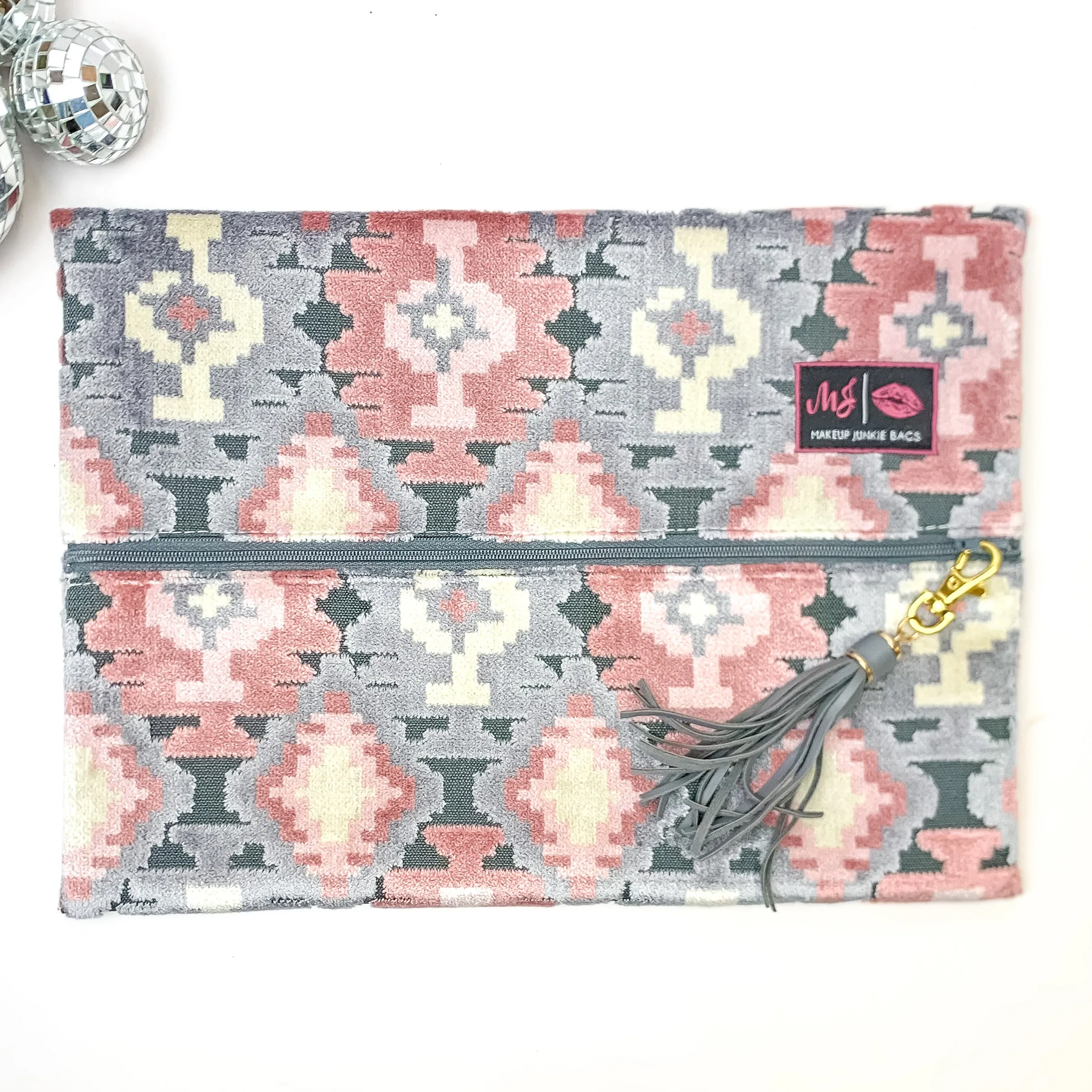 Makeup Junkie | Large Blush Aztec Lay Flat Bag in Blush Pink and Grey Mix