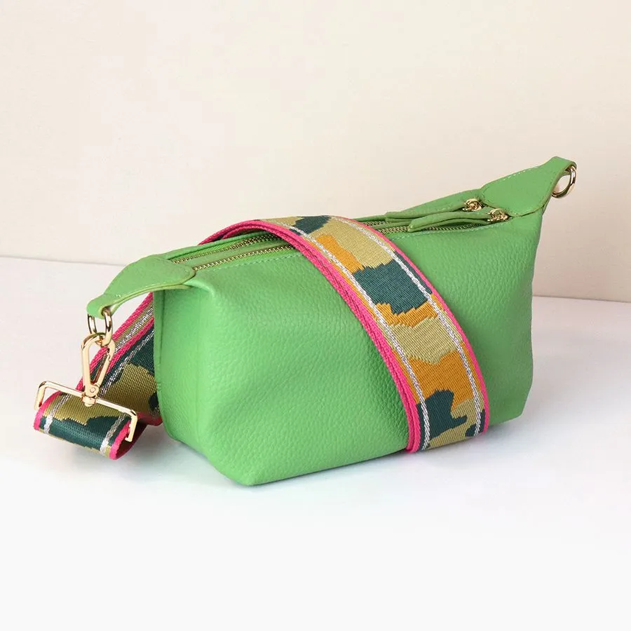 Pea green Vegan Leather double zip bag with camo strap