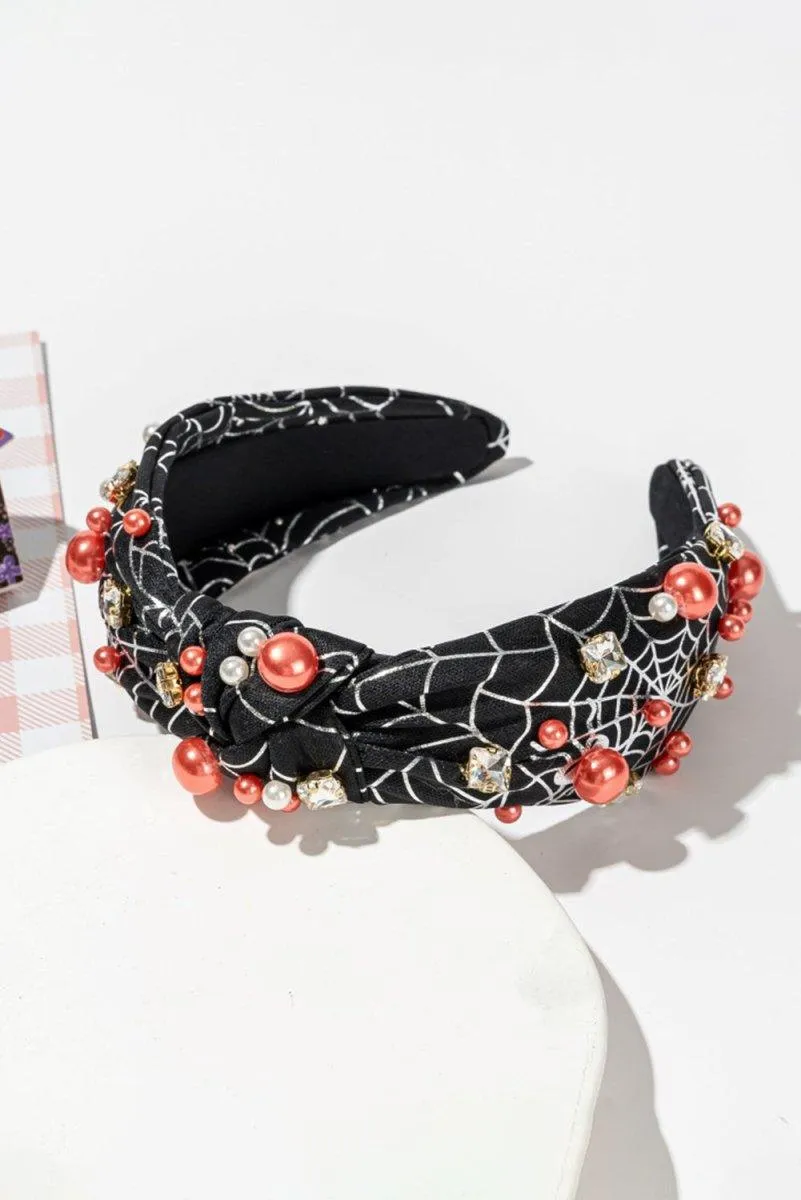 Pearled Rhinestone Spiderweb Halloween Headband