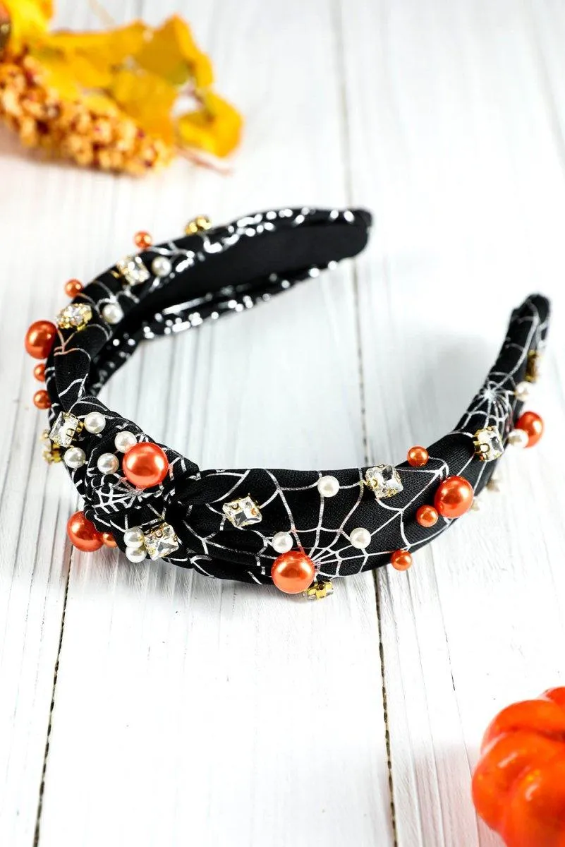 Pearled Rhinestone Spiderweb Halloween Headband