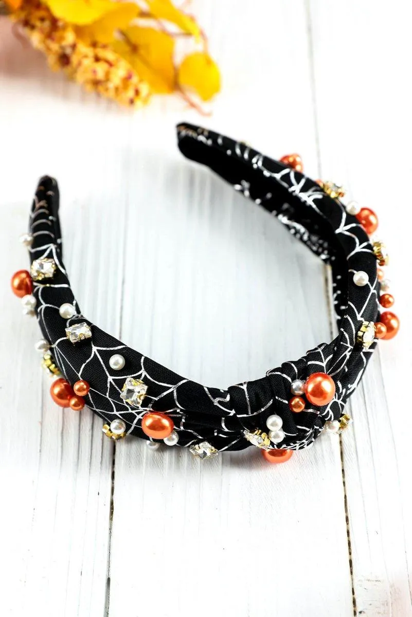 Pearled Rhinestone Spiderweb Halloween Headband