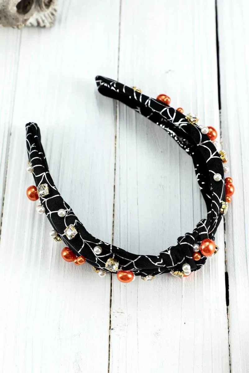 Pearled Rhinestone Spiderweb Halloween Headband