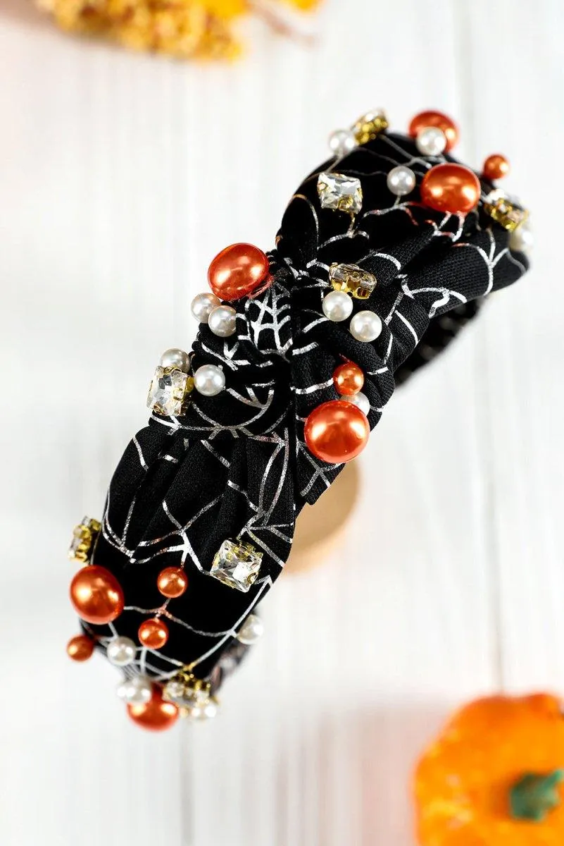 Pearled Rhinestone Spiderweb Halloween Headband