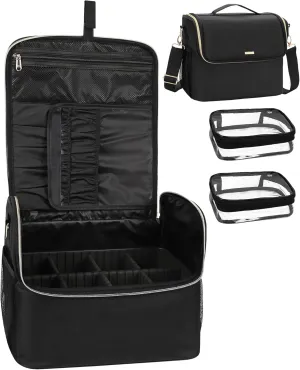 Professional Large Travel Makeup Bag with 2 Clear Bag and Adjustable Dividers and Shoulder Strap