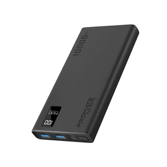 PROMATE 10000mAh Power Bank with Smart LED Display & Super Slim Design. Includes 2x USB-A & 1x USB-C Ports. 2A (Shared) Charging. Auto Voltage Regulation. Charge 3x Devices. Black Colour.