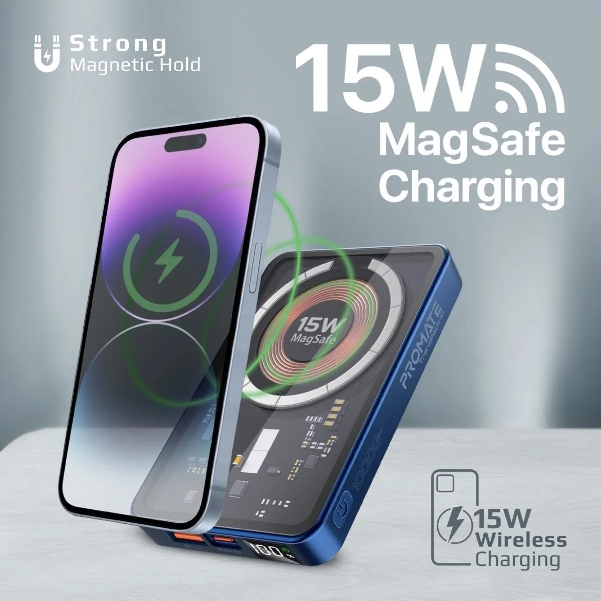 Promate 10000mAh Power Bank with Transparent Magsafe 15W Wireless Charging, 20W PD, 1x USB-C In/Out, 1x USB-A, Carbon Fiber Design, Charge 3x Devices, Blue