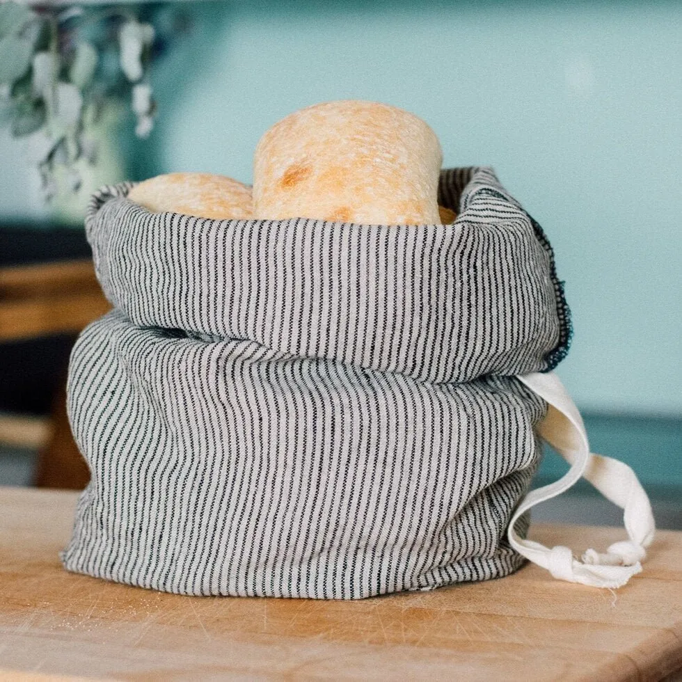 Pure Linen Bread Bag - Dark Blue & Natural Stripes