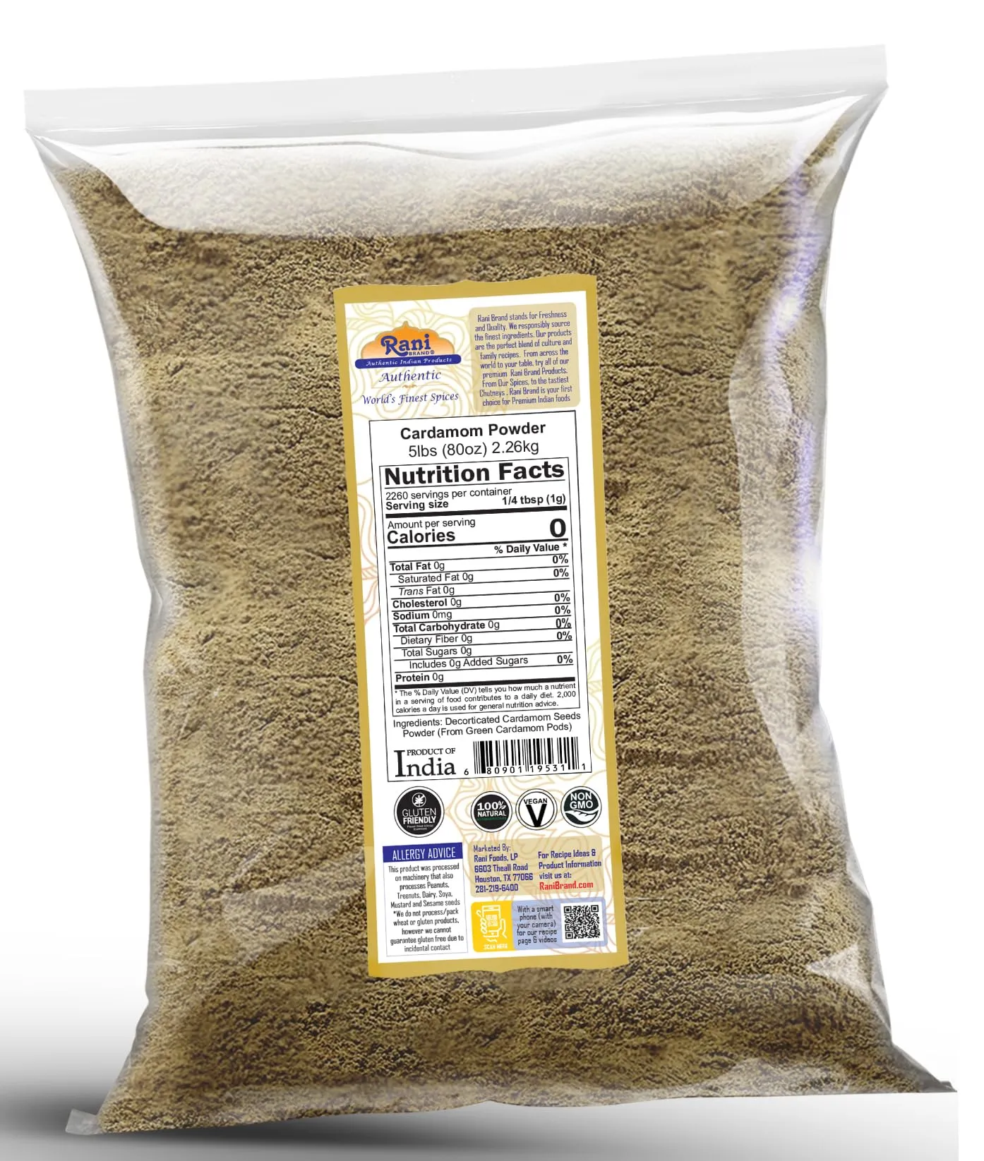 Rani Cardamom (Elachi) Ground, Powder Indian Spice 80oz (5lbs) 2.27kg Bulk ~ All Natural | No Color Added | Gluten Friendly | Vegan | NON-GMO | Kosher | No Salt or Fillers